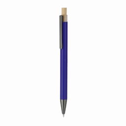 A pen with a blue barrel, black clip, and a light-coloured top, featuring a branding logo.