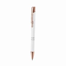 A pen with a white body and a rose gold clip, featuring a sleek design and a glossy finish.