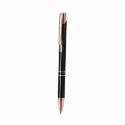 A ballpoint pen with a black barrel and rose gold accents, featuring a clip and a logo.