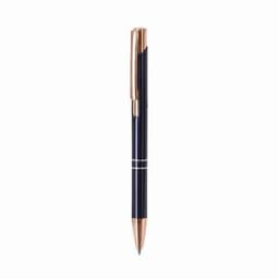 A drink bottle in navy blue with rose gold accents and a sleek design, featuring a branding logo.