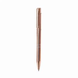 A pen in a metallic rose gold finish with a sleek design, featuring a clip and a visible tip.