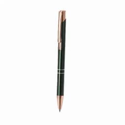 A metal pen in dark green with rose gold accents, featuring a sleek design and a logo.