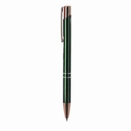 A green pen with a silver clip and detailing, featuring a glossy finish and logo branding.