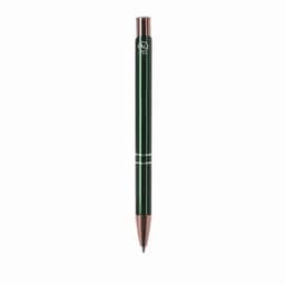 A green pen with a metallic finish and rose gold accents, featuring a logo on the upper part.