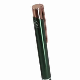 A green metal pen with a rose gold clip and a logo. The pen has a sleek and polished finish.