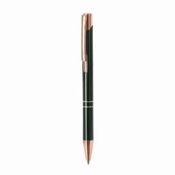 A green pen with a rose gold clip and detailing, featuring a logo on the barrel.