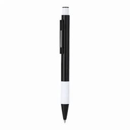 A black and white pen with a clip, featuring a textured grip section.