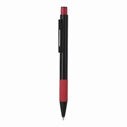 A pen featuring a black barrel and red grip, with a clip attached for easy carrying.
