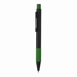A pen featuring a black barrel and green grip, with a clip for easy attachment.
