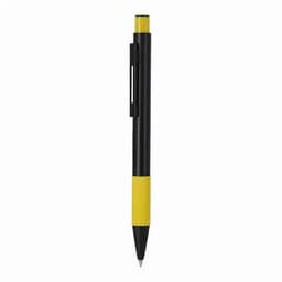 A pen with a black barrel and vibrant yellow accents, featuring a clip and ridged grip for easy handling.