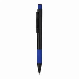 A pen featuring a black barrel and blue accents, with a clip for easy attachment.