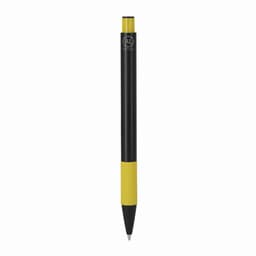 A ballpoint pen featuring a black body with a yellow grip and top, including a logo on the barrel.