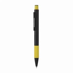 A ballpoint pen with a black body and yellow grip, featuring a clip on the side and a rounded top.