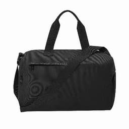A black duffel bag with short handles and a long adjustable shoulder strap, featuring a zippered pocket.
