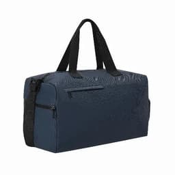 A navy blue duffle bag with black straps and a zippered pocket on one side. It features a textured surface.