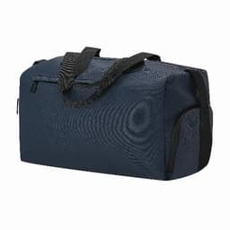 A duffel bag in dark navy with black handles and zippers, featuring a textured surface.