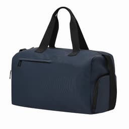 A navy duffel bag with black straps and a zippered pocket on the front. The bag features a logo.