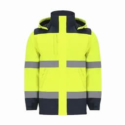 A high-visibility jacket in bright yellow with navy accents and reflective strips, featuring a hood and multiple pockets.