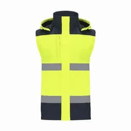A sleeveless safety vest in fluorescent yellow with grey reflective stripes and a hood. Features a front pocket.