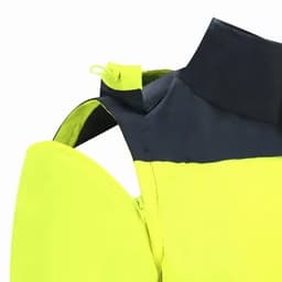 A high-visibility jacket in fluorescent yellow and black, featuring a stand-up collar and zipped openings.