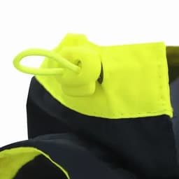 A drink bottle with a navy body and a bright yellow cap featuring a pull tie for secure closure.