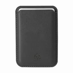 A black business card holder made of PU leather with a smooth finish and a stitched edge, featuring a logo.