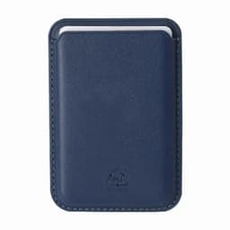 A business card holder in navy blue with a smooth leather-like finish, featuring a logo on the front.