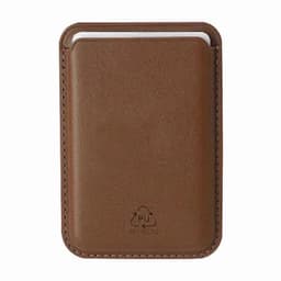 A brown business card holder made from PU material with stitched edges and a logo on the front.