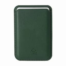 A green business card holder made of PU material, featuring a simple and sleek design with a logo.