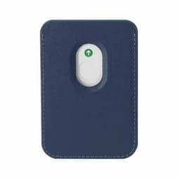 A navy blue business card holder with a white button and contrasting stitching. It features a logo on the front.