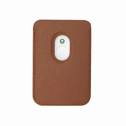 A brown leather wallet featuring a button with a green arrow. The wallet has stitched edges and a smooth finish.