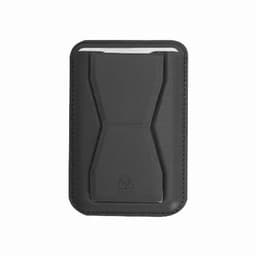A card holder in black with a textured surface and a logo. It's designed to hold multiple cards securely.