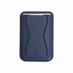 A wallet in navy blue featuring a sleek design and a logo. It has a slim profile for holding cards.
