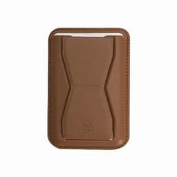 A cardholder in tan brown with a logo, featuring a minimalist design and dual card slots.