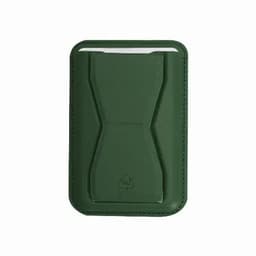 A card holder in dark green, featuring a minimalist design with a branding logo on the front.