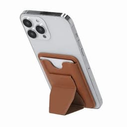 A smartphone with a brown wallet stand attached. The phone has a clear case and features dual cameras on the back.