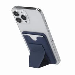 A mobile phone with a navy blue card holder attached, featuring a stand and a clear protective case.