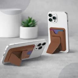 A mobile phone wallet in brown, attached to a smartphone, showcasing a sleek design with a subtle logo.