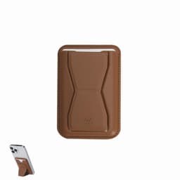 A phone wallet in a warm brown colour with a textured surface and a flexible stand. It features a branding logo.