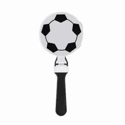 A hand-held whistle designed as a black and white soccer ball, featuring a black handle.