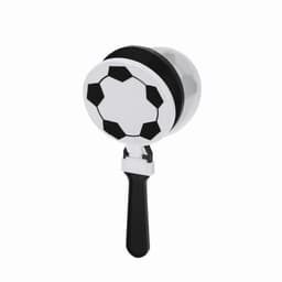 A soccer-themed hand clapper featuring a black and white design with a handle.