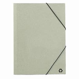 A grey recycled folder with an elastic closure and a logo featuring a recycling symbol on the bottom corner.