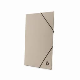 A recycled notebook in beige with an elastic closure and a logo featuring a recycling symbol.