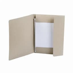 A brown presentation folder with an inner pocket, holding a white sheet of paper, featuring a simple design.