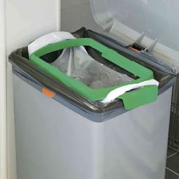 A grey rubbish bin with a green trash bag holder, featuring a clear bag inside. The product has branding on the holder.