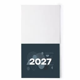 A calendar featuring a white top section and a dark blue bottom with a subtle graphic design, displaying the year 2027.