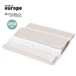 A beige and white striped towel made from recycled cotton, featuring fringed edges and a branding logo.