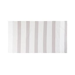 A striped towel in neutral tones of beige and white, featuring horizontal lines and a subtle branding on one edge.