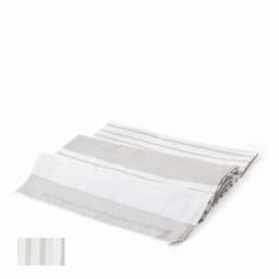A folded set of striped kitchen towels in white, grey, and beige colours, featuring a subtle logo.