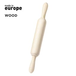 A wooden rolling pin with ergonomic handles, featuring a light natural wood finish and a branding logo.
